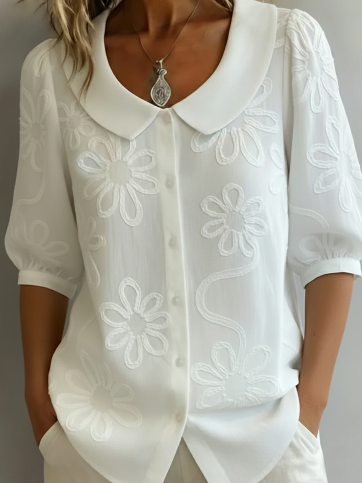 Elegant women's retro short sleeve blouse in yellow & white, featuring a chic collar. Perfect summer top.