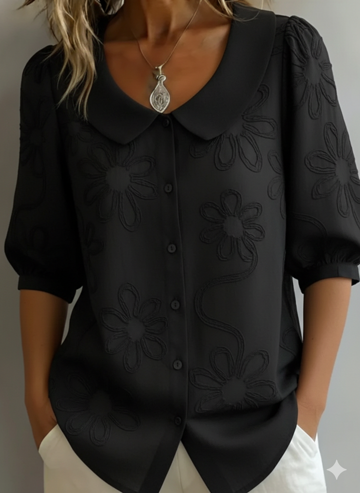 Vintage-style women's summer blouse with a chic retro collar. Short sleeve top in yellow, ideal for casual wear.