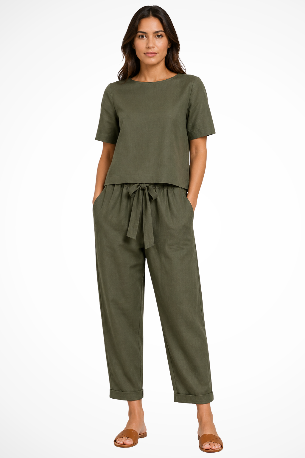 Women's chic short sleeve crop top & tapered trousers two-piece set. Ideal for summer casual wear or comfortable outings.