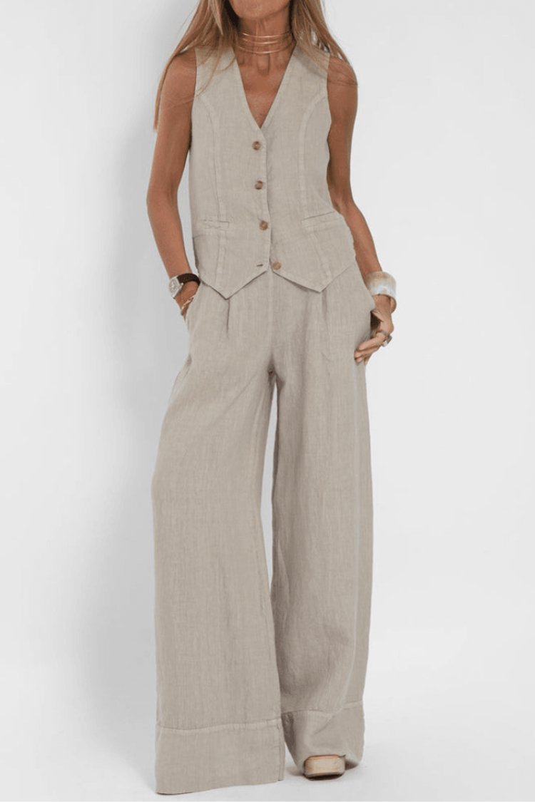 Women's chic sleeveless button-front wide-leg two-piece set for a relaxed summer or versatile office outfit.
