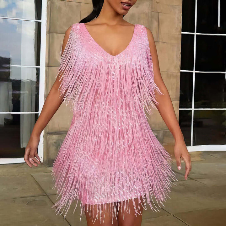 Sleeveless V-neck flapper dress for women, with intricate fringe, creating an elegant and chic party or evening look.