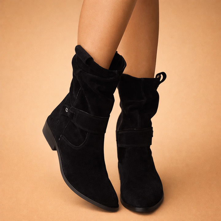 Comfortable women's slouch ankle boots with chic buckle, ideal for everyday winter & fall outfits.
