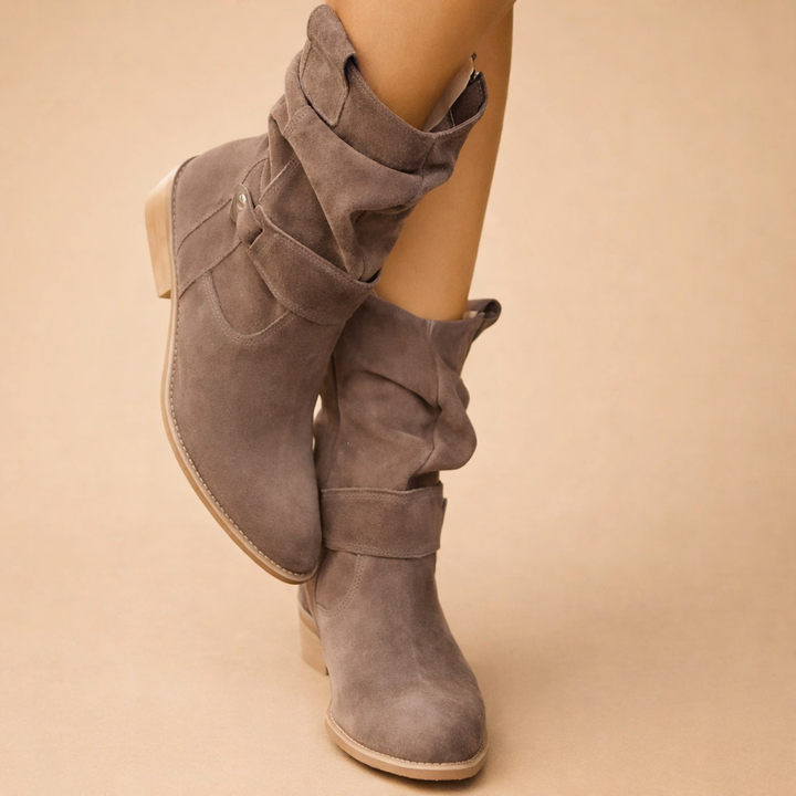 Stylish women's slouch ankle boots with modern buckle, versatile for chic fall & winter everyday wear.