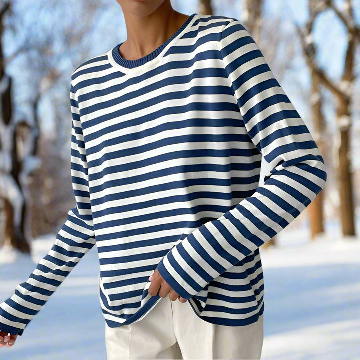 Women's chic striped long-sleeve t-shirt with a round neck, perfect for casual everyday wear.