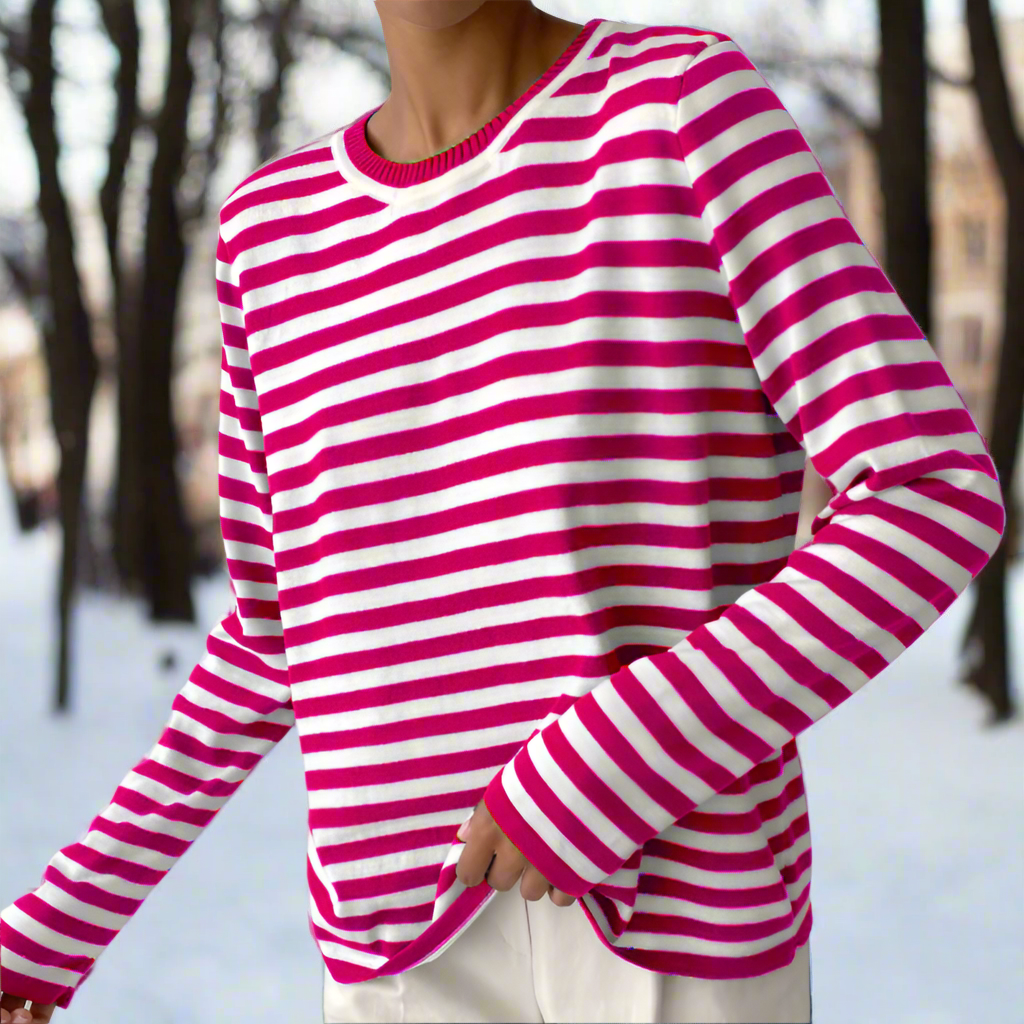 Stylish women's long-sleeve striped tee, a comfortable and chic essential for casual everyday wear.
