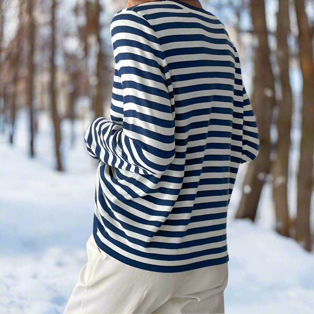 Effortless women's long-sleeve striped top, comfortable and chic for casual everyday essential wear.