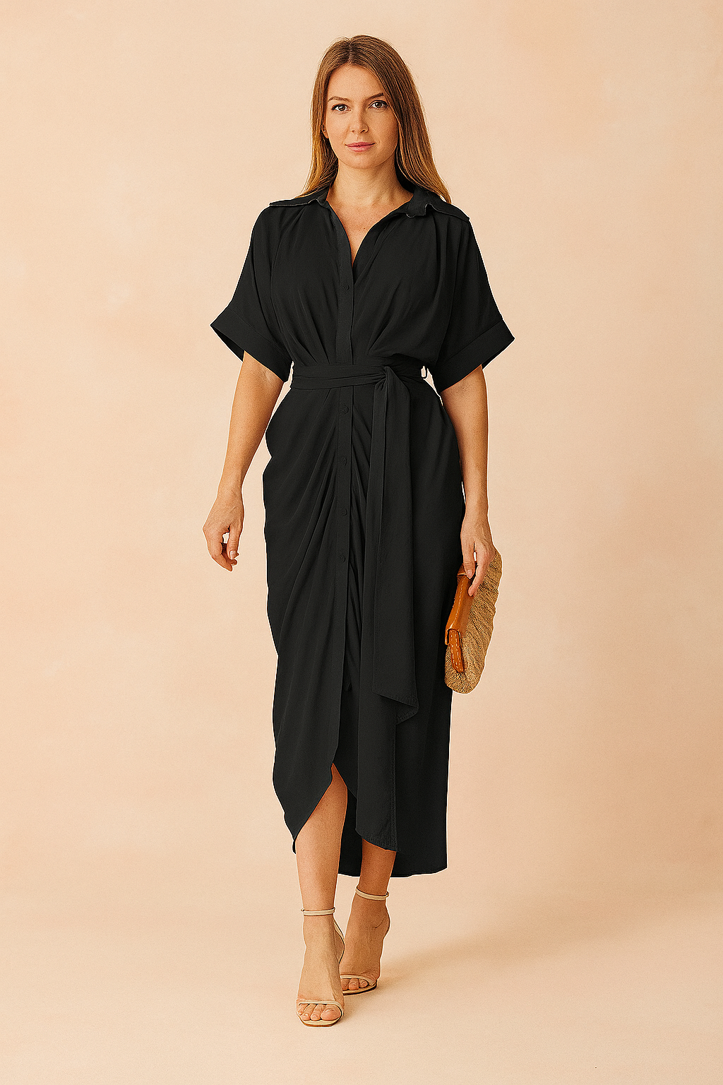 Stylish women's short sleeve summer maxi dress featuring an eye-catching bow, perfect for a chic and comfortable look.