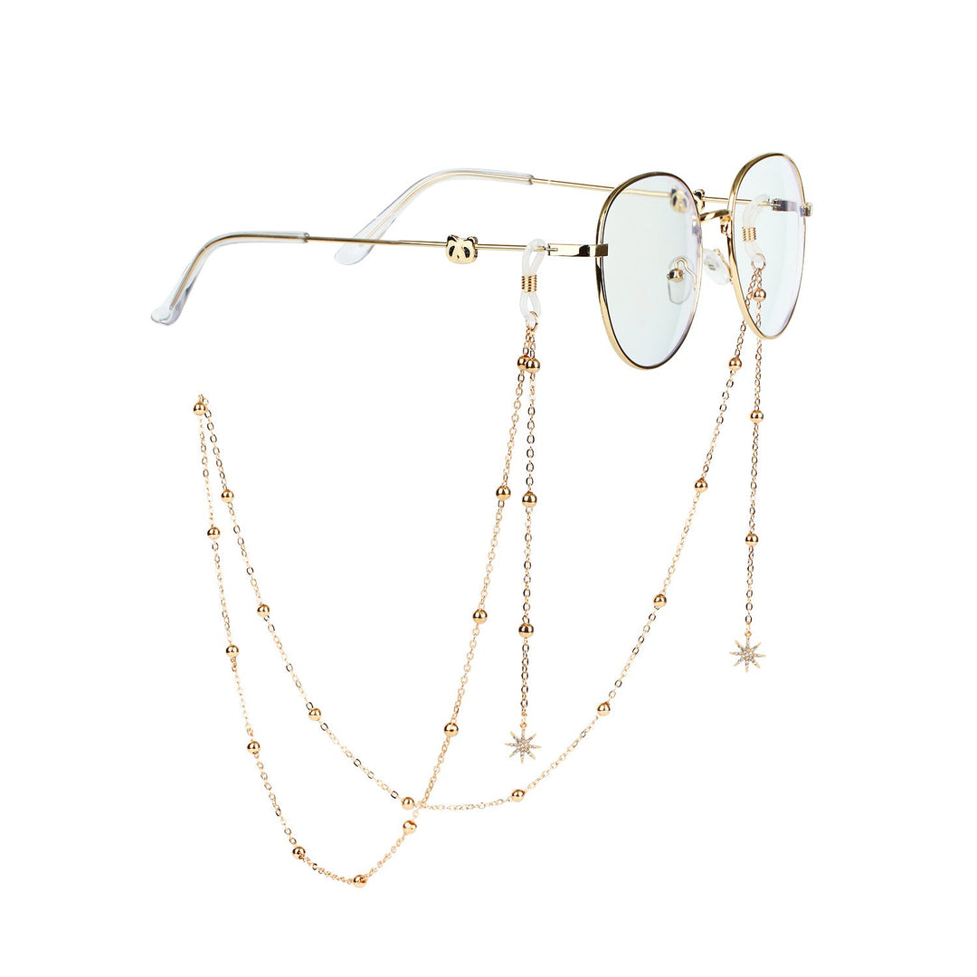 Versatile women's eyewear chain, functions as a stylish accessory and secure glasses holder.
