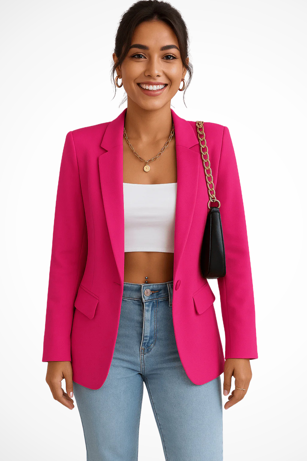Stylish women's tailored blazer, single button, for sophisticated professional wear & versatile fashion.