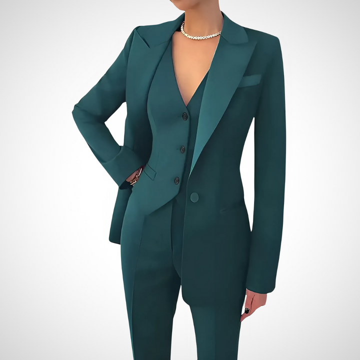 Sophisticated women's three-piece suit with a tailored fit. Versatile chic blazer, vest & trousers for work or events.