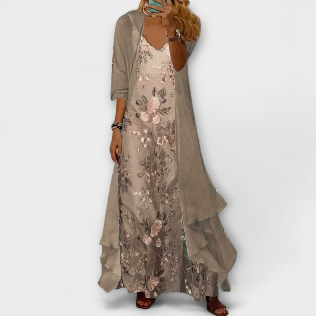 Women's chic two-piece maxi dress set in a vibrant print, perfect for effortless summer fashion & beachwear.