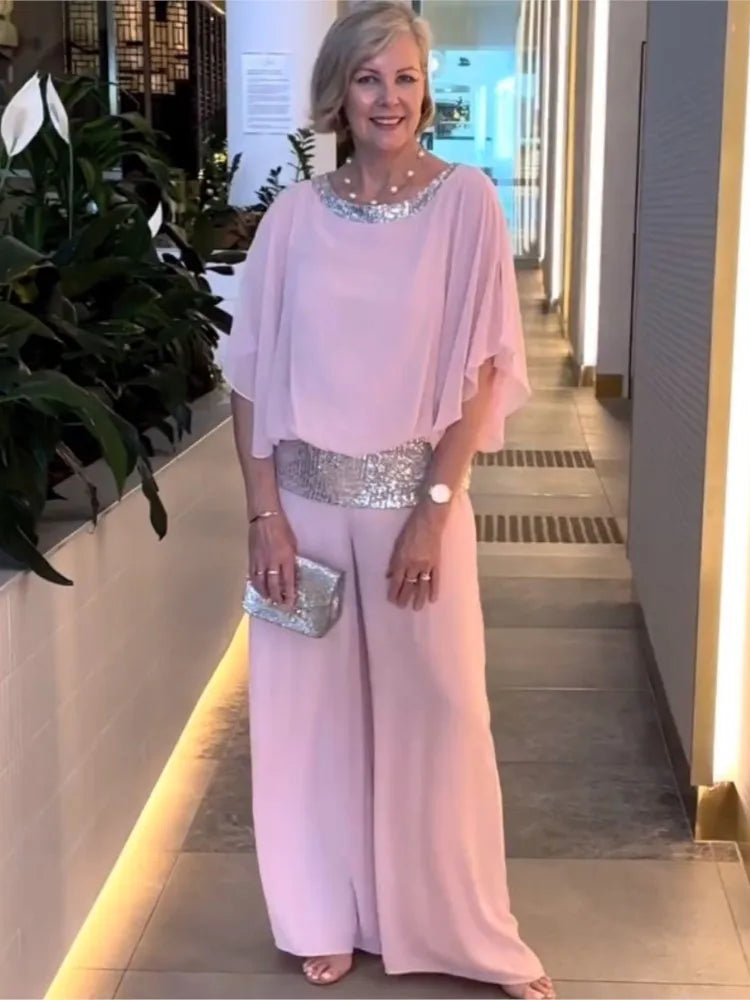 Versatile women's two-piece outfit set, chic chiffon wide-leg pants & top for casual or elegant looks.