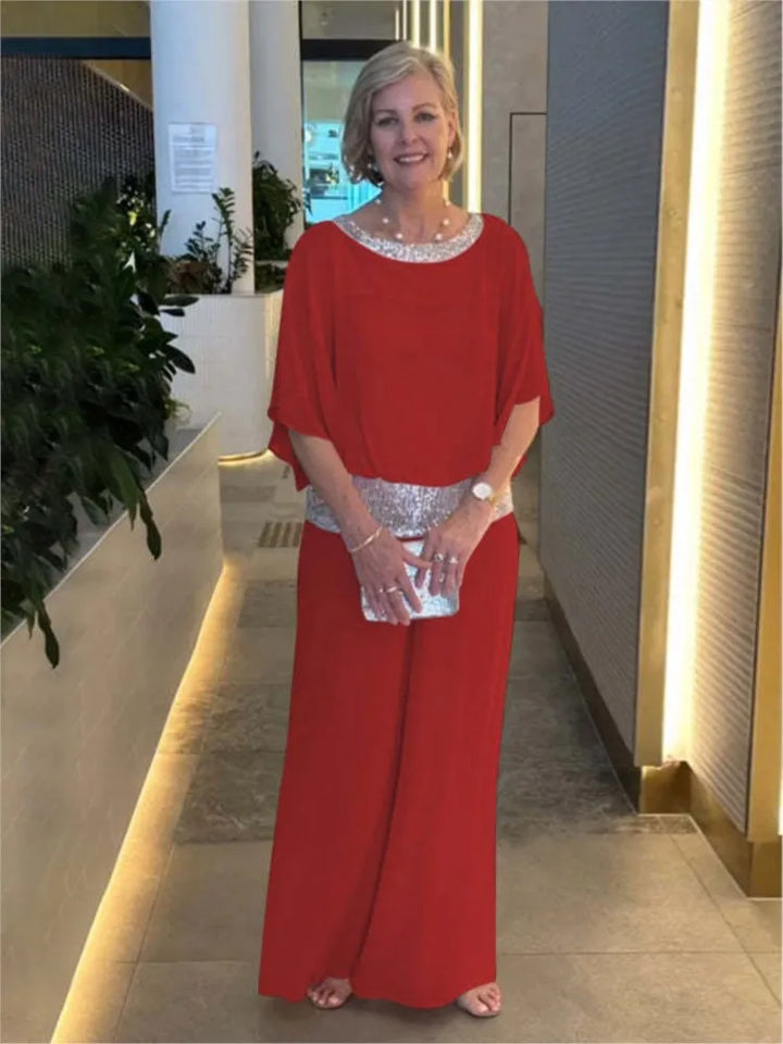 Women's chic two-piece set: comfortable wide-leg chiffon pants & matching top for elegant spring/summer style.