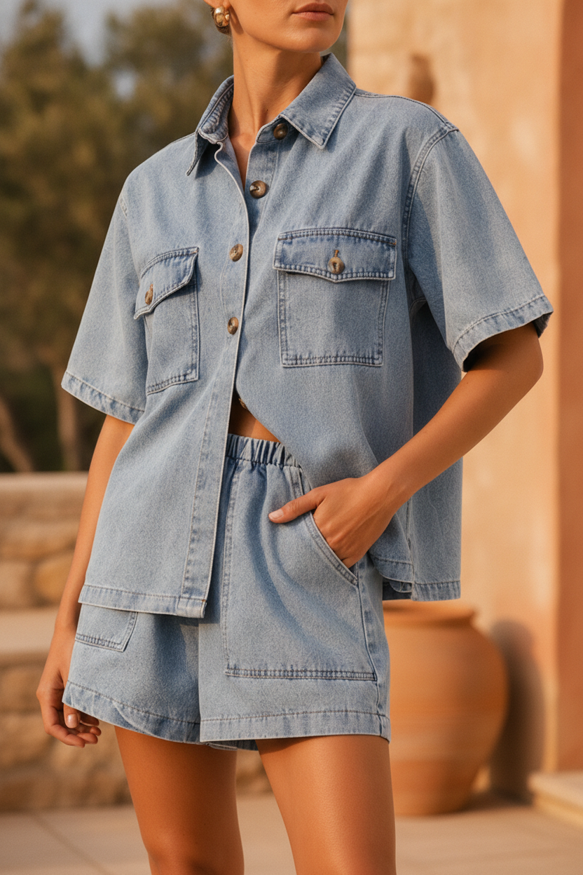 Women's chic two-piece shirt and high-waist shorts set, perfect for summer casual wear.