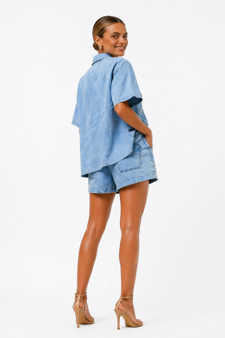 Versatile women's two-piece shirt & high-waist shorts set, a travel essential for warm weather.