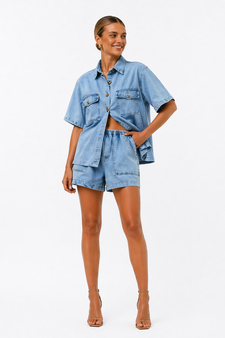 Fashionable women's high-waist shorts set with a matching shirt, ideal for a chic summer look.
