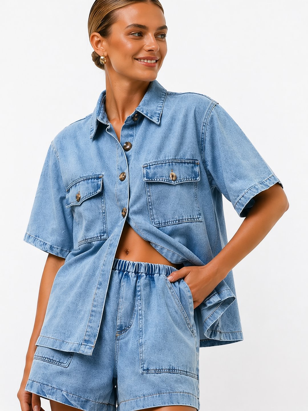 Women's co-ord shirt and high-waist shorts set for stylish casual wear & easy summer outfits.
