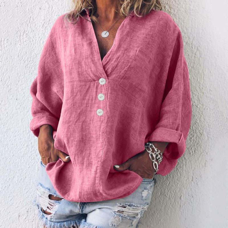 Women's chic V-neck long sleeve blouse with oversized fit. Perfect versatile top for casual everyday style.