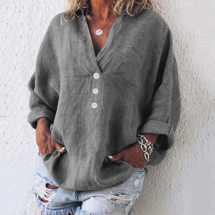 Khaki V-neck long sleeve blouse for women. Casual oversized fit top, comfortable and chic for any day.