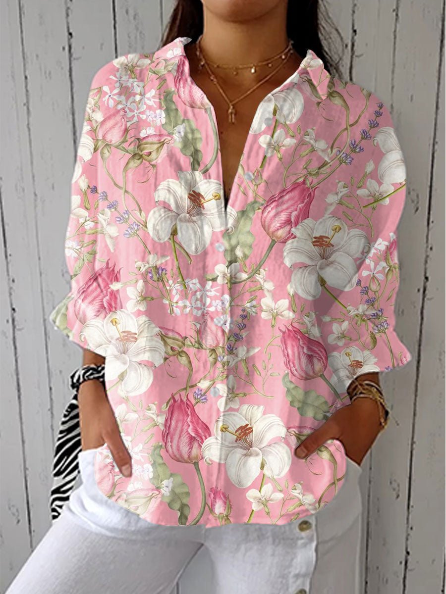 Women's chic V-neck long sleeve floral blouse with button front, perfect for spring casual or boho style.