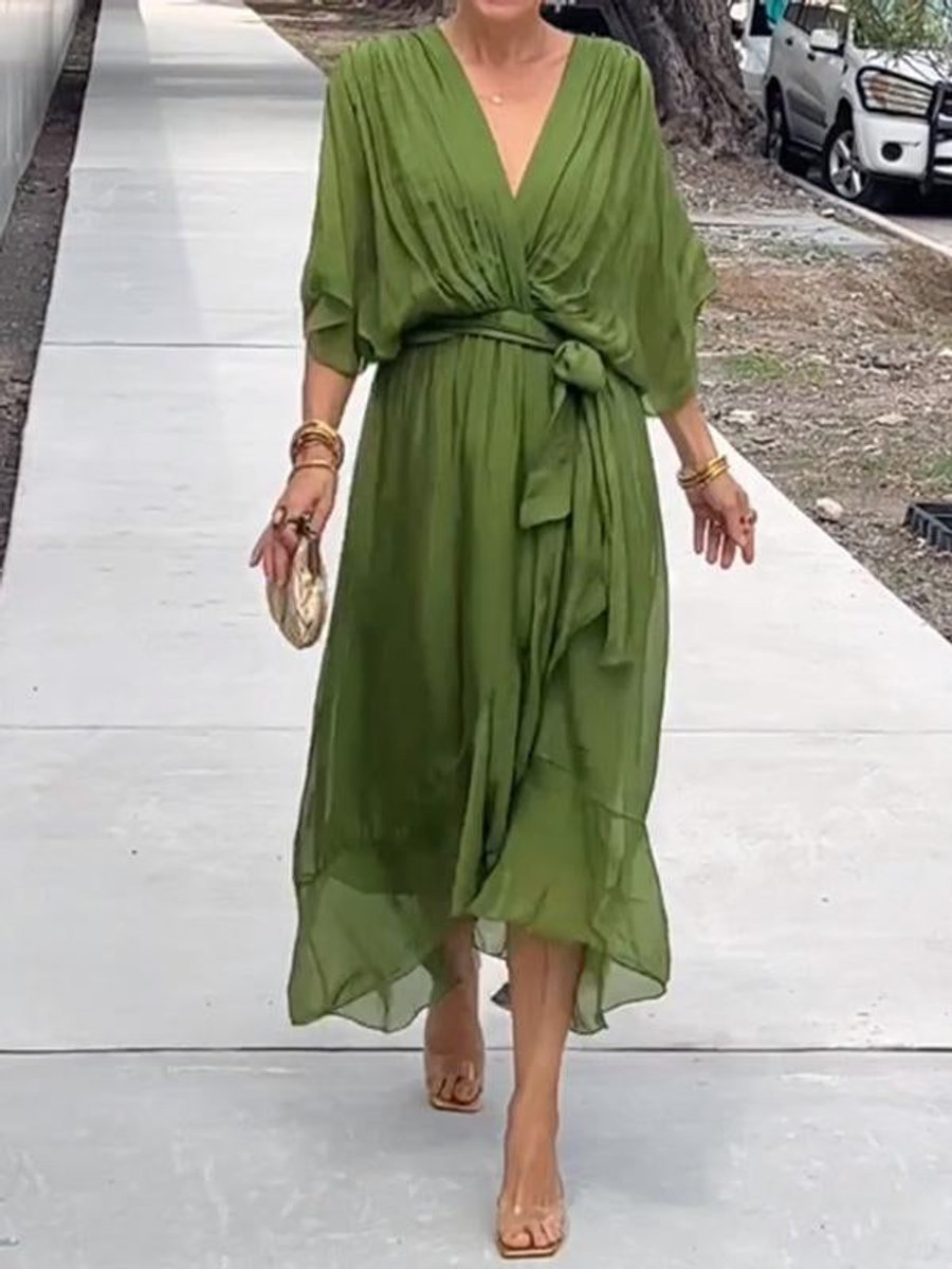 Women's chiffon V-neck belted midi dress, perfect for cocktail parties & formal events.
