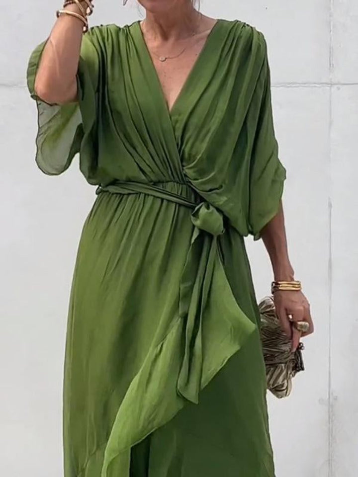 Elegant women's chiffon belted V-neck midi dress, perfect as a party or wedding guest dress.