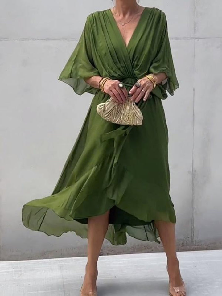 Women's occasion V-neck midi dress in chiffon, featuring a stylish belt, great for formal wear.