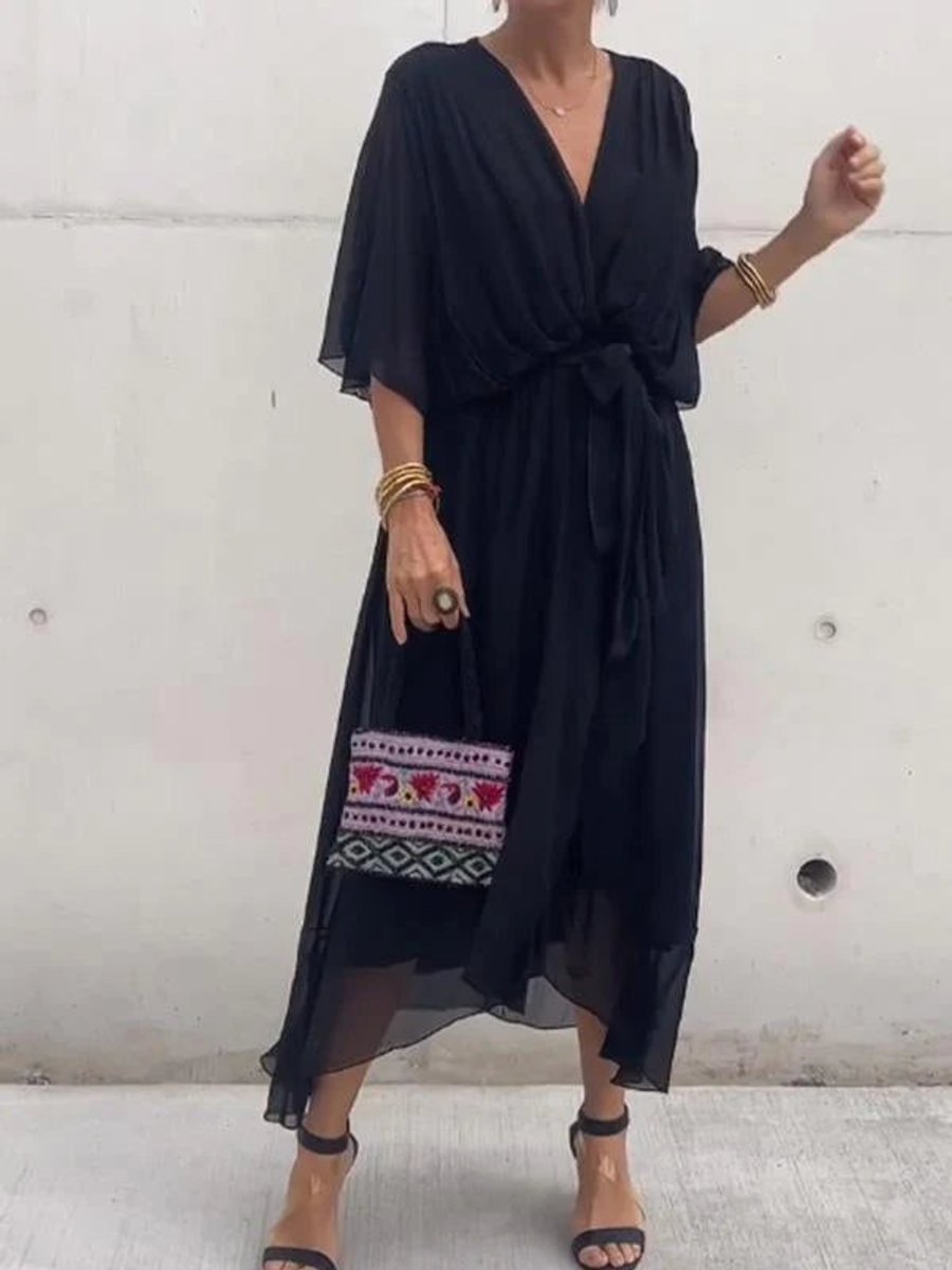 Stylish women's chiffon v-neck midi dress with a belt, great as a wedding guest or party dress.