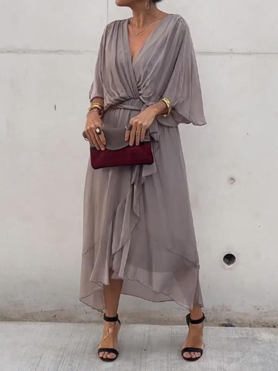 Formal women's V-neck belted midi evening dress in lightweight chiffon for special occasions.