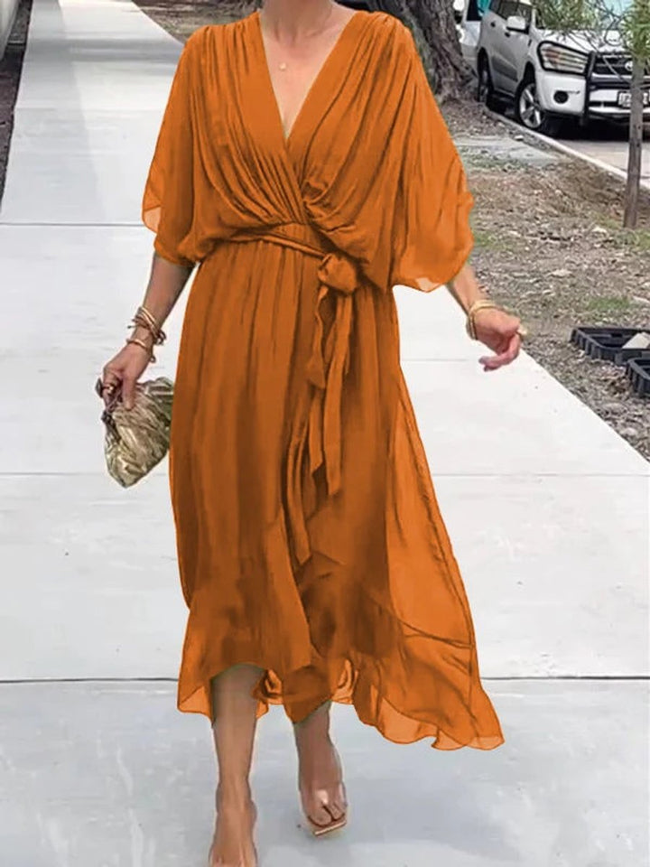 Beautiful women's chiffon belted midi V-neck dress, perfect for cocktail parties.