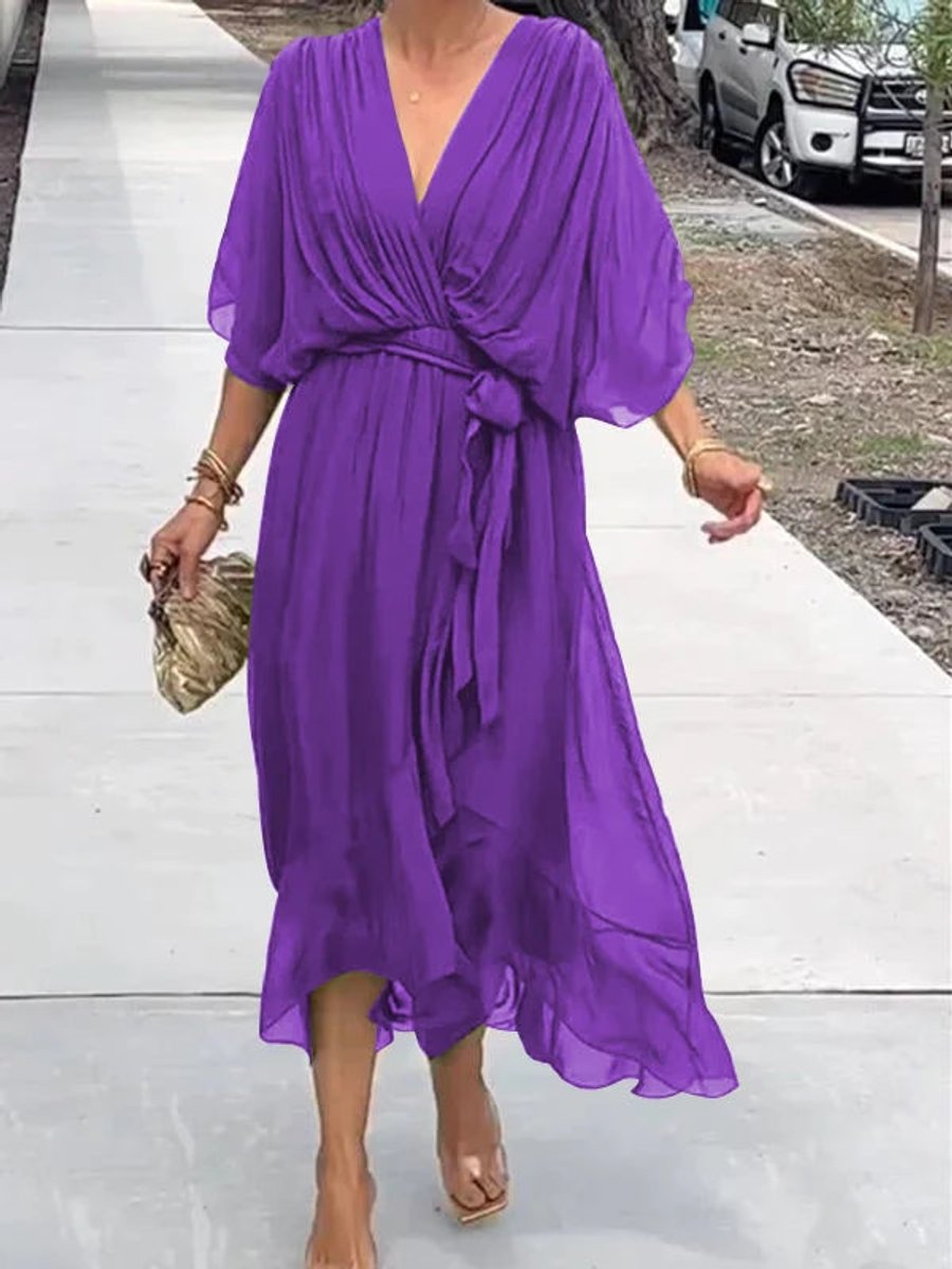 Women's formal V-neck chiffon midi dress with belt, a sophisticated choice for evening events.