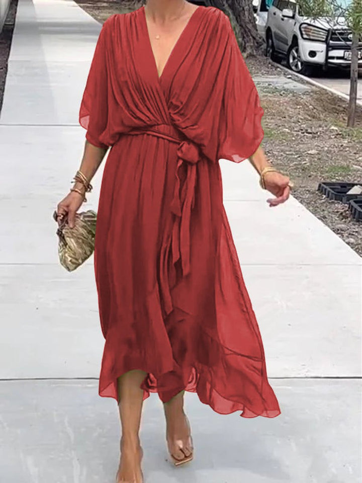 Lightweight chiffon V-neck midi dress with belt, ideal women's fashion for summer occasions.