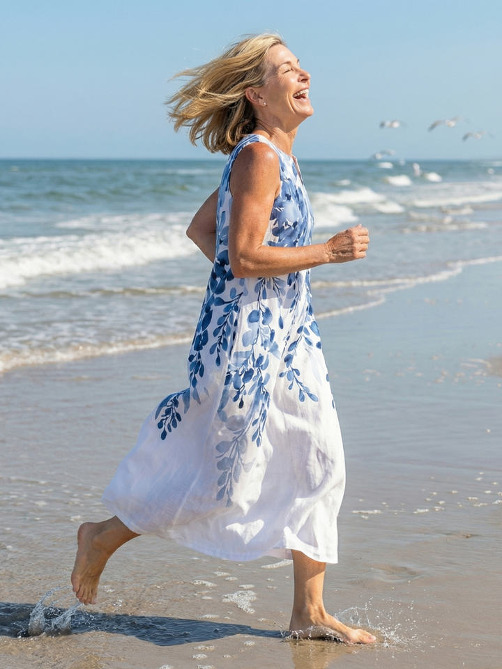 Flowy white botanical print relaxed fit maxi dress for women. Perfect summer dress for beach, vacation & comfort.