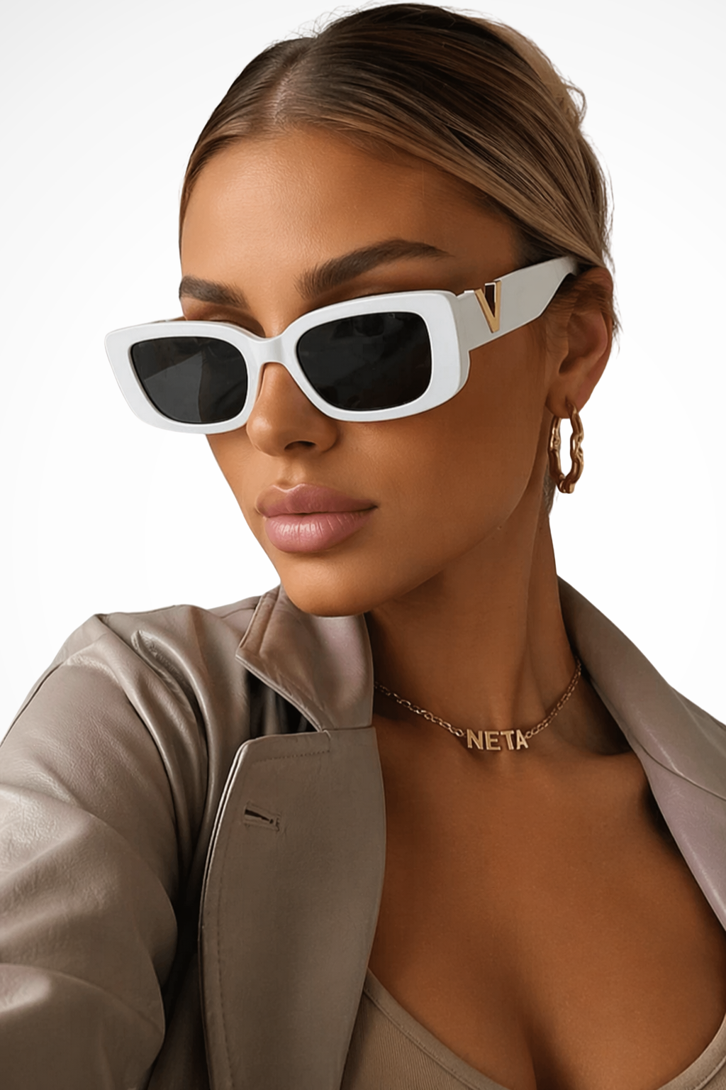 Chic women's chunky cat eye sunglasses, gold V detail, UV protection, summer style.