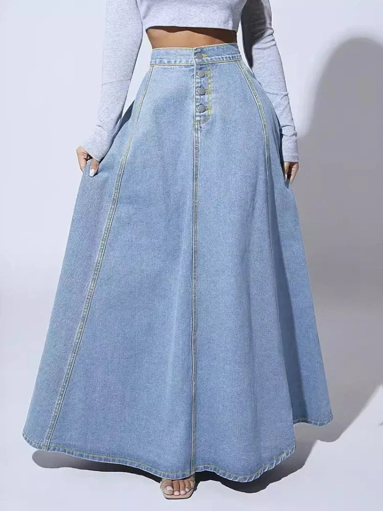 Women's classic A-line midi skirt with button front. High-waisted, perfect for versatile spring & summer casual fashion.