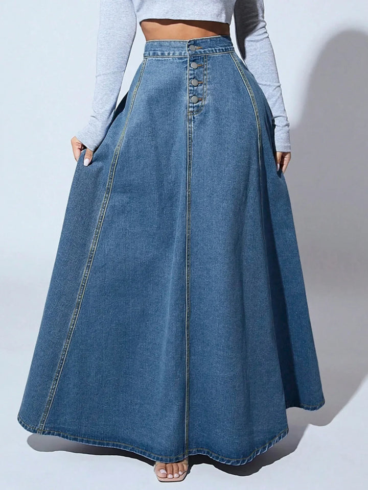 Elegant women's high-waist A-line skirt with full button front. Versatile midi length for casual or dressy spring/summer outfits.