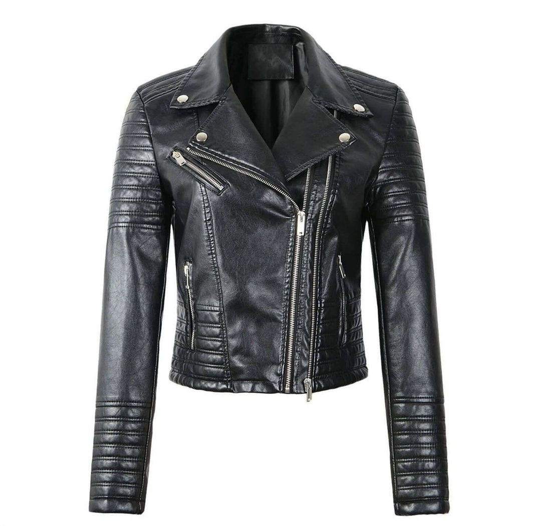 Women's classic black biker jacket, edgy asymmetrical style, versatile outerwear for all seasons.