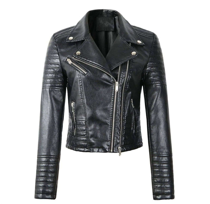Women's classic black biker jacket, edgy asymmetrical style, versatile outerwear for all seasons.