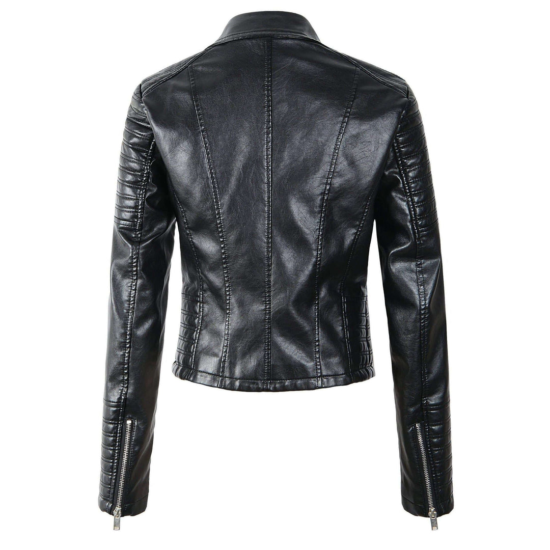 Chic women's biker jacket with an asymmetrical zipper closure, perfect for an edgy fashion statement.