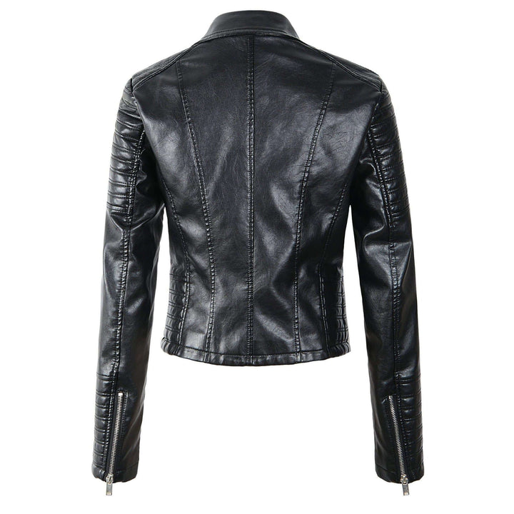 Chic women's biker jacket with an asymmetrical zipper closure, perfect for an edgy fashion statement.