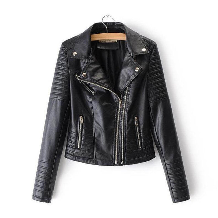 Stylish black women's jacket; classic biker design, durable and versatile for everyday wear.