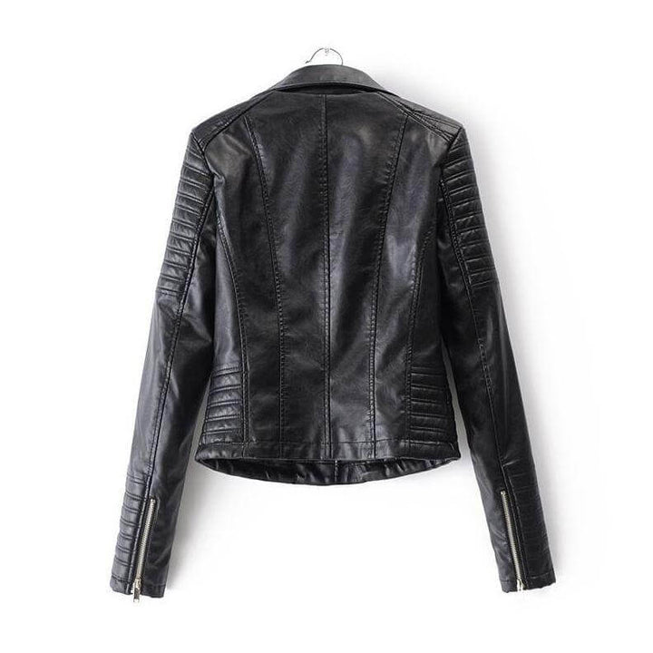 Fashionable women's asymmetrical biker jacket, black, defining edgy style and chic outerwear.