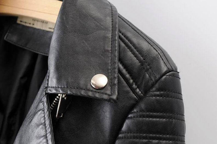 All-season women's black biker jacket, featuring an iconic asymmetrical design, essential fashion outerwear.