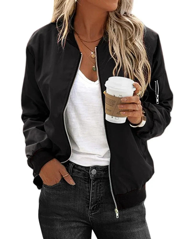 Casual women's classic bomber jacket, perfect for everyday wear. Stylish zip-up outerwear for versatile fashion.