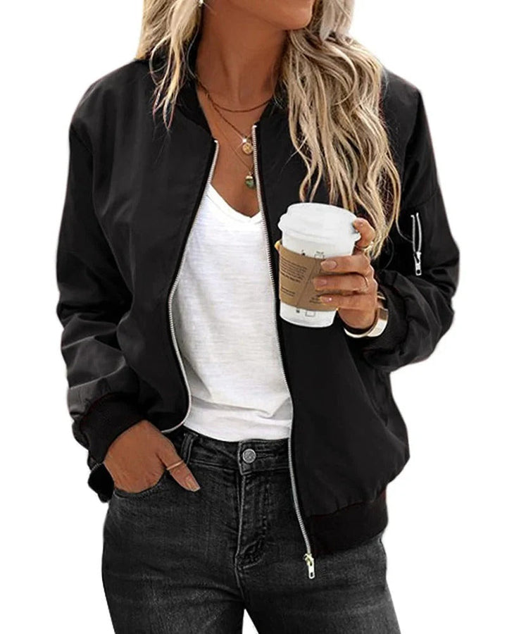 Casual women's classic bomber jacket, perfect for everyday wear. Stylish zip-up outerwear for versatile fashion.