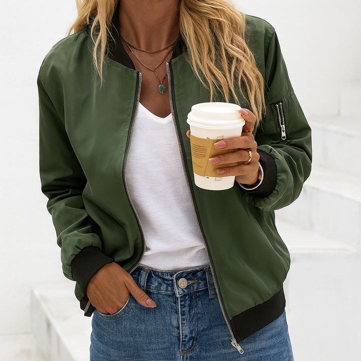 Versatile women's classic bomber jacket. Stylish zip-up outerwear, great for fall, spring & casual fashion.