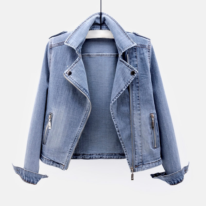 Women's classic blue denim jacket, perfect for timeless style & versatile casual wear. Essential outerwear.