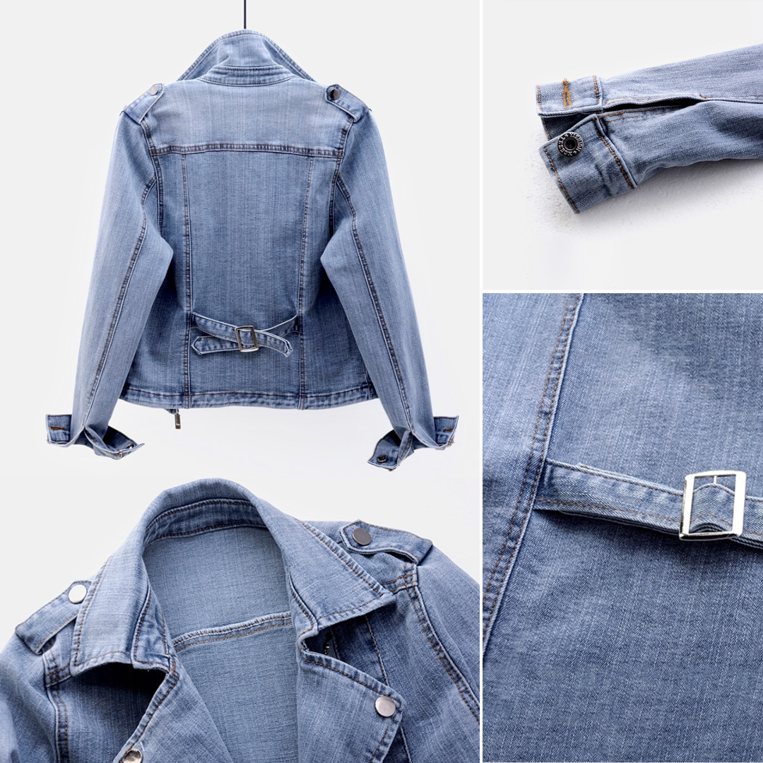 Fashionable women's blue denim jacket, a classic piece for casual wear & stylish layering. New outerwear.