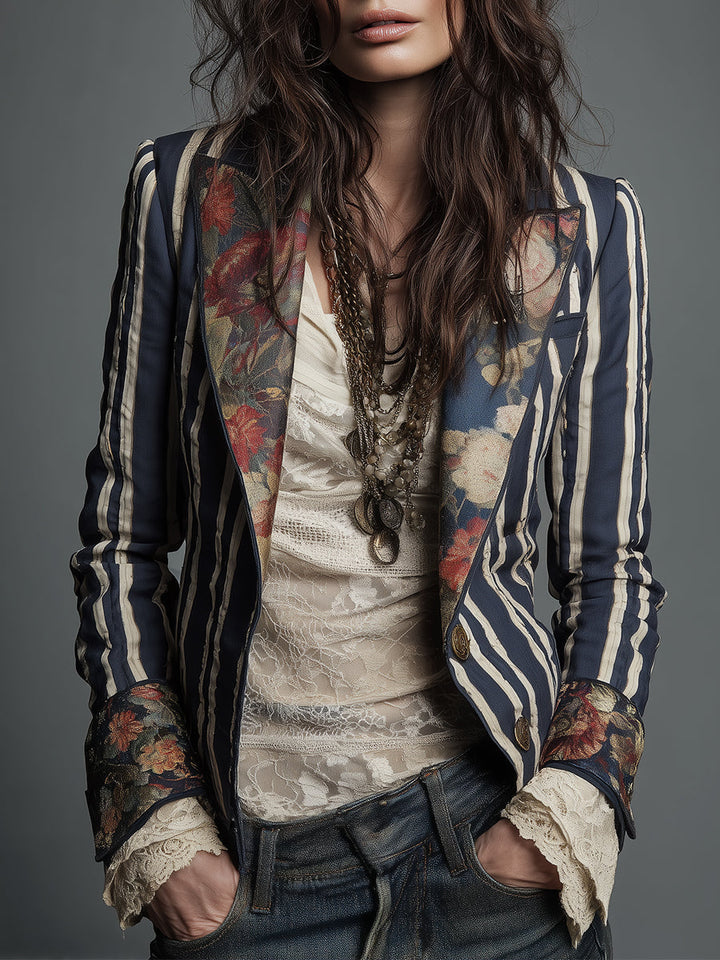 Women's classic bohemian striped blazer, retro style for elegant outerwear.