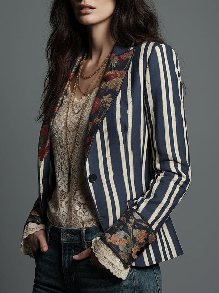 Retro striped women's blazer, bohemian vintage-inspired jacket for chic fashion.